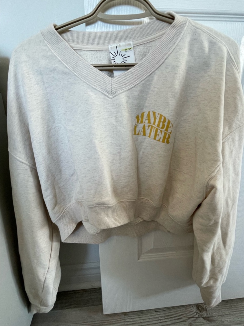 aerie Cream Cropped V-Neck Sweatshirt with Yellow 'MAYBE LATER' Print